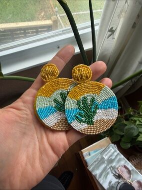 Handmade Beaded Coastal Sun & Cactus Earrings - Yellow Blue Green